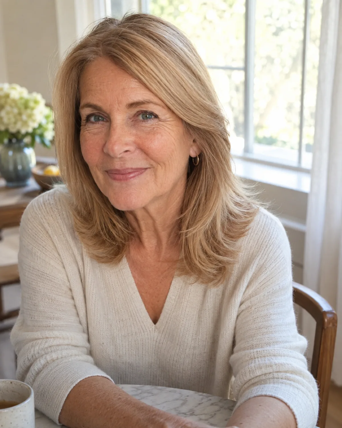 Mature woman with fine warm blonde hair at shoulder length seated at a table, feathered layers visible from the ear down while crown and mid-shaft remain solid and heavy