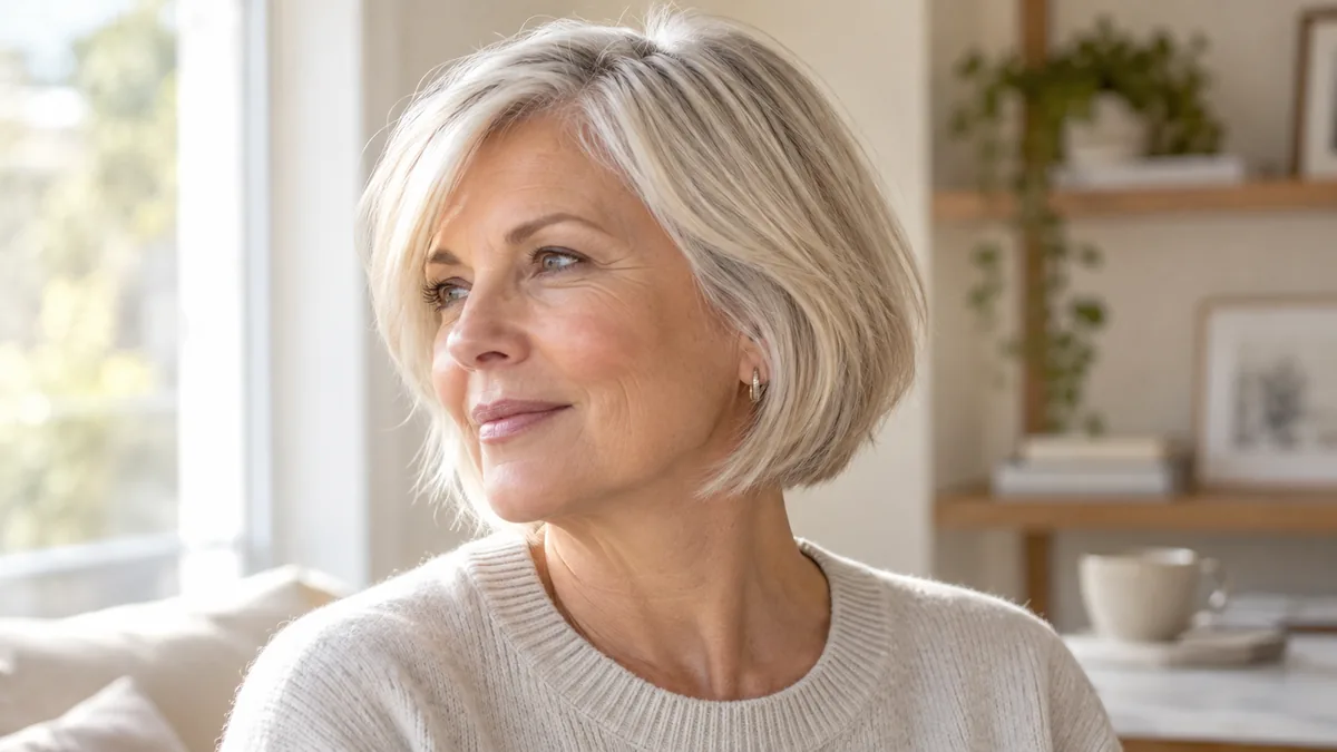 Mature woman in her sixties with fine silver-blonde hair in a soft chin-length bob, three-quarter turn in warm daylight near a window