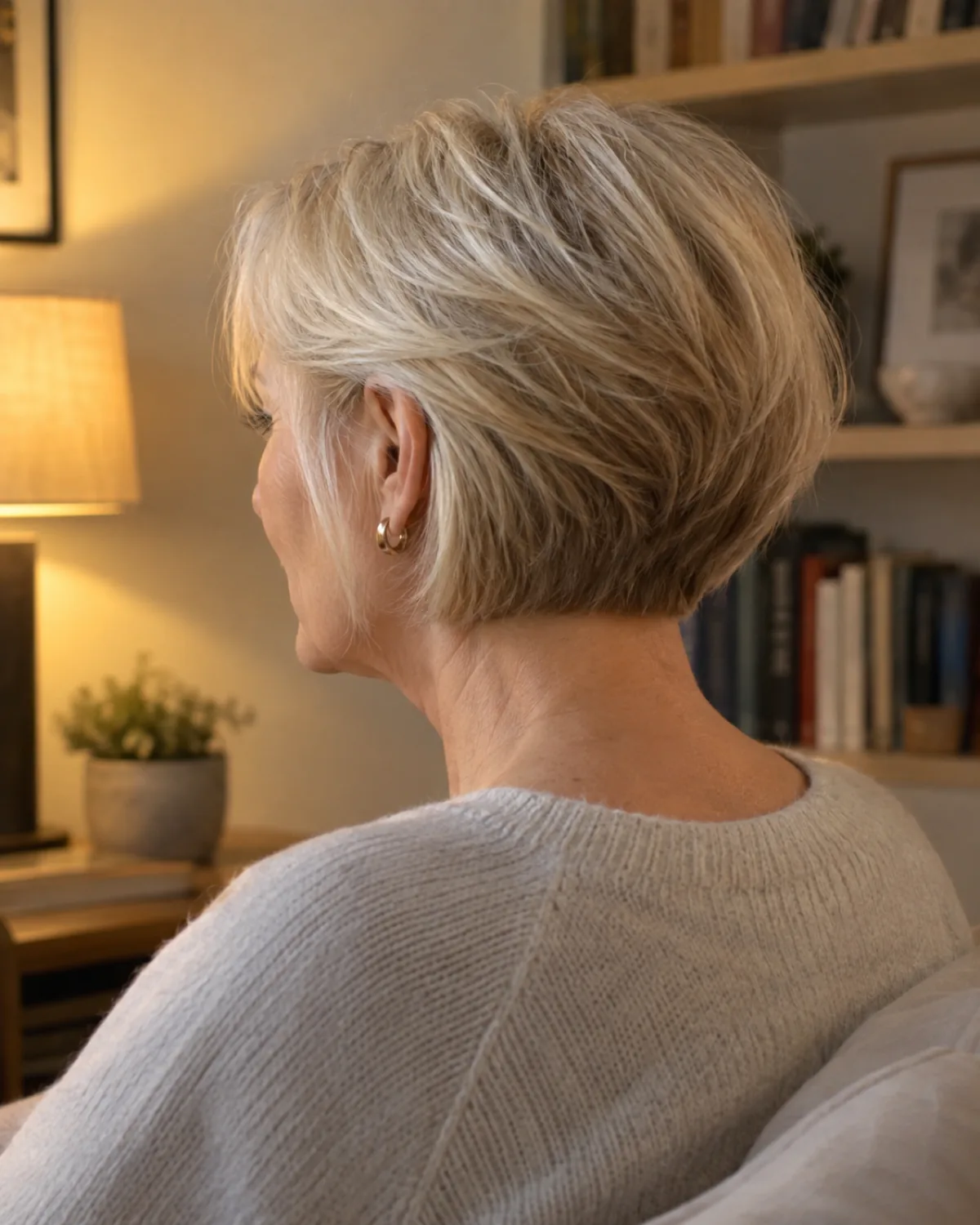 Back-three-quarter view of a mature woman with fine warm white-blonde hair in a graduated bob, stacked layers at the nape fanning outward in a visible wedge shape, warm evening lamp light