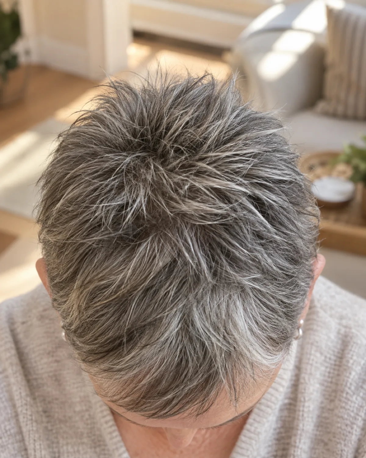 Top-down view of a mature woman with fine salt-and-pepper hair in a textured crop, point-cut pieces at the crown creating visible lift and separation