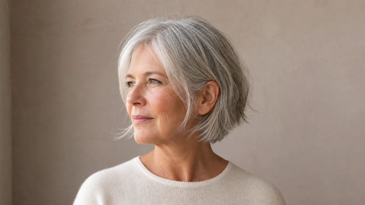 A woman with fine silver-ash hair in a wispy chin-length bob turned three-quarters to the left against a warm taupe wall, individual strands catching soft window light