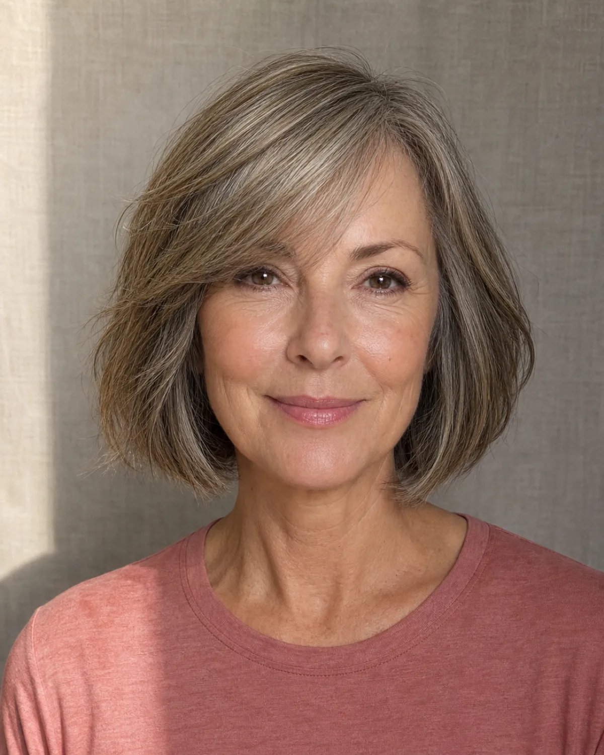 A woman with a heart-shaped face facing the camera, her honey-grey chin-length bob with side-swept bangs adding width at chin level, wearing a dusty-rose tee against grey linen