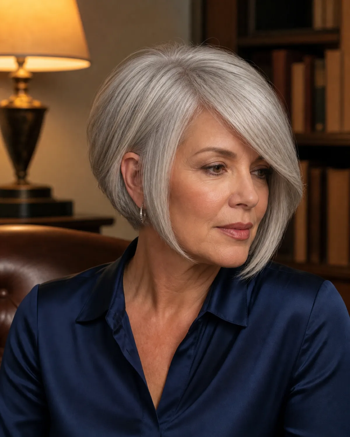 A woman in her early 60s with silver hair in an inverted bob with side-swept bangs turned three-quarters to the right, the diagonal fringe crossing the forehead and the stacked nape visible on the turned-away side