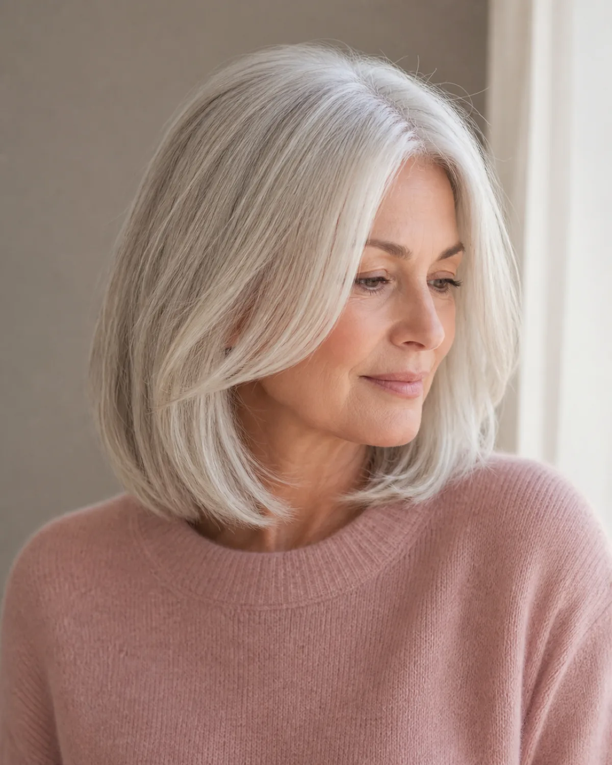 A woman in her early 60s with fine silver-white hair in a collarbone-length lob turned three-quarters to the right, face-framing layers starting at the cheekbone clearly visible against a soft grey background