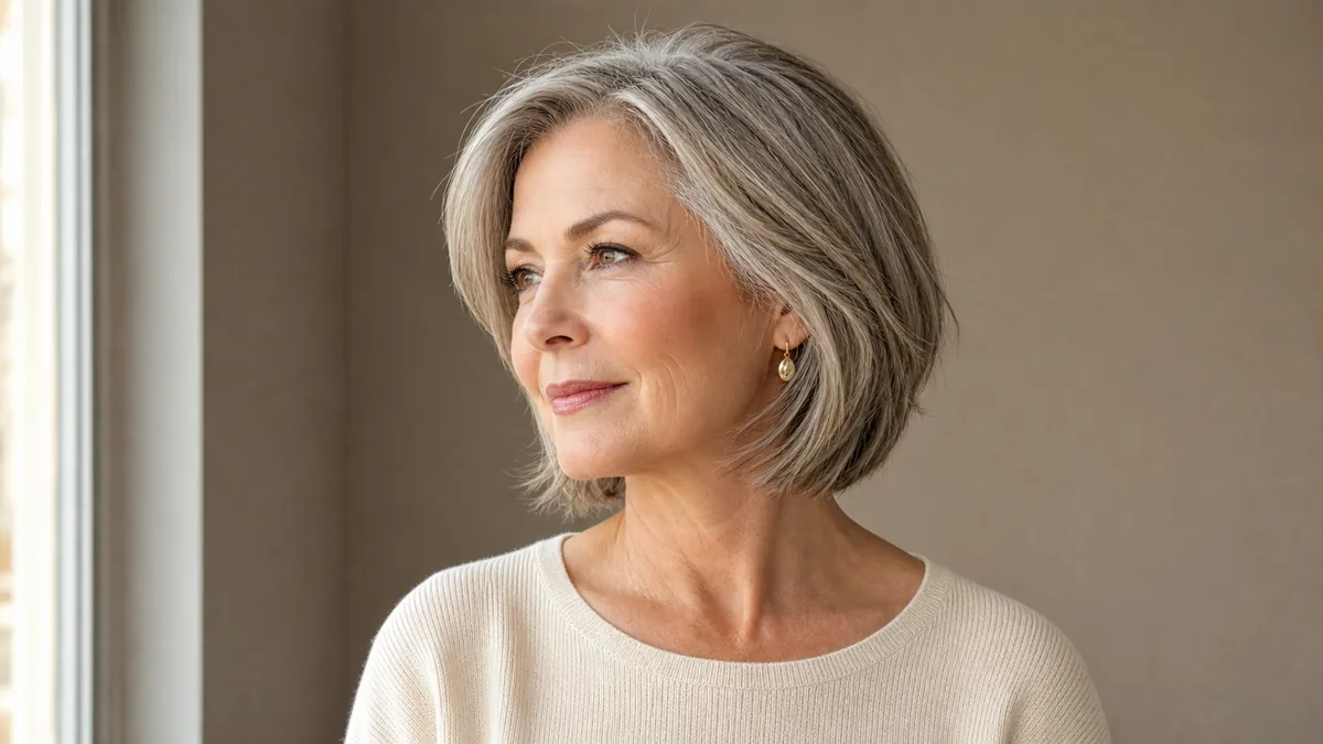 A woman in her late 50s with fine warm-grey layered bob turned three-quarters to the left, graduated ends visible at the jawline in soft window light against a taupe wall