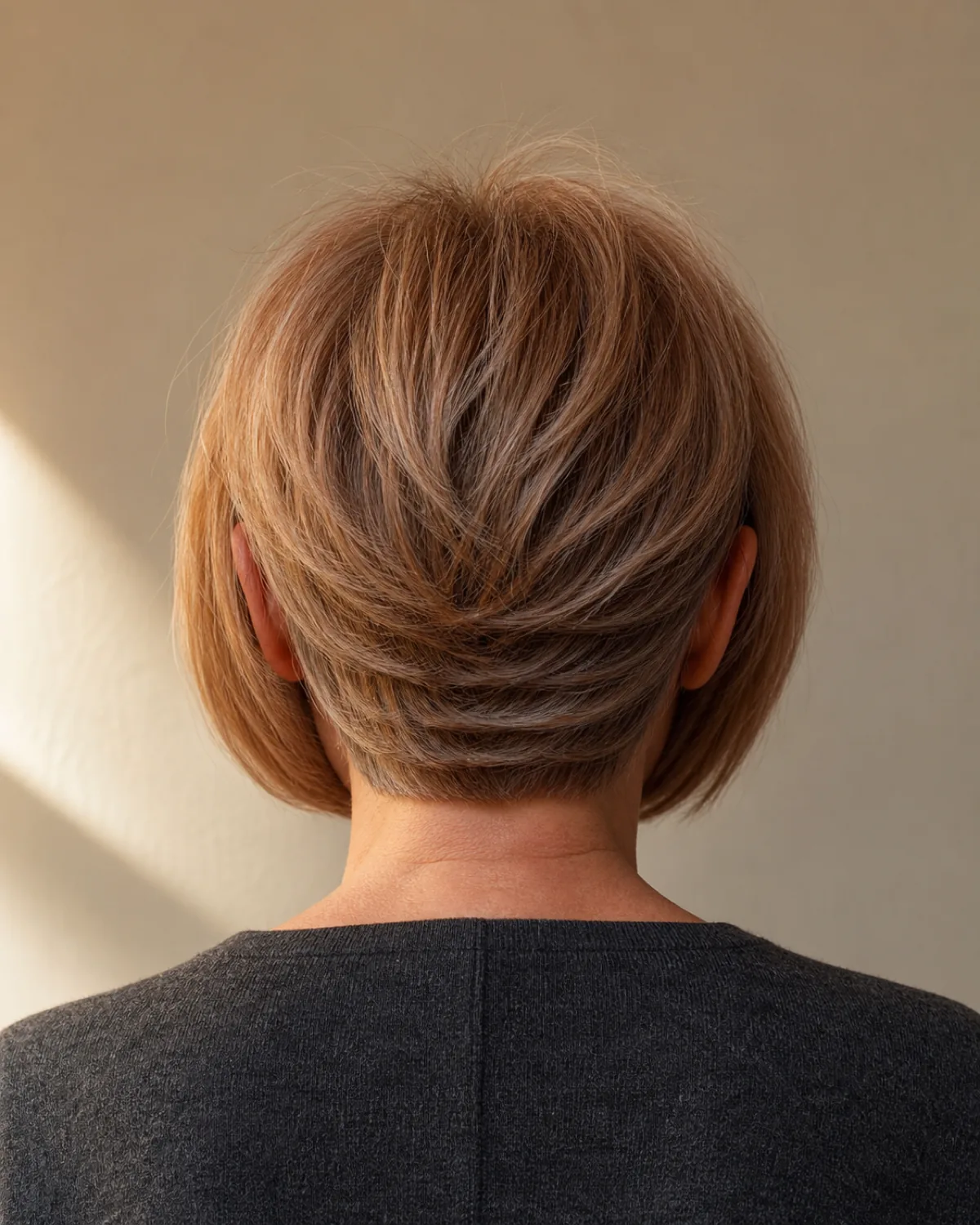 A woman in her late 50s with fine auburn-grey hair in a graduated bob shot from directly behind, the stacked layers at the nape clearly visible with each layer building upward to create a shelf of volume at the crown