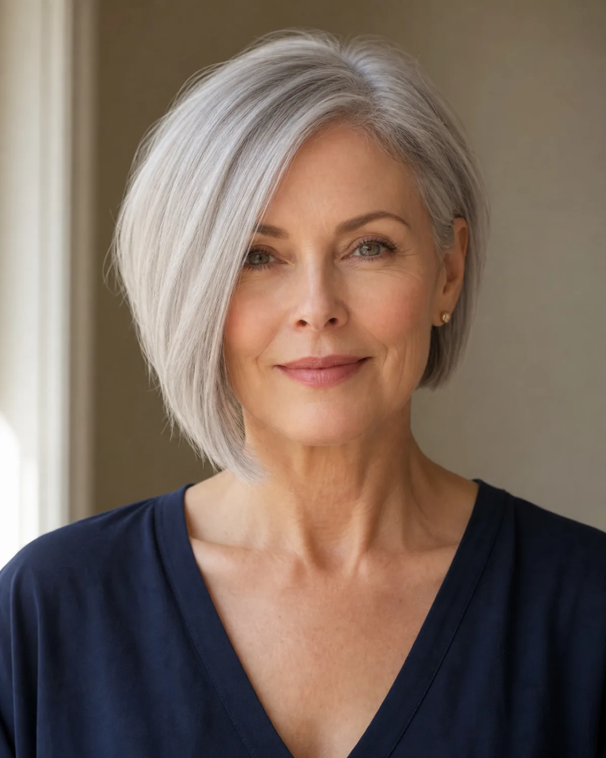 A woman in her late 50s with fine cool silver hair in a jaw-length asymmetric layered bob facing the camera with soft focus on features, the left side visibly longer than the right creating a clean single angle at the hemline