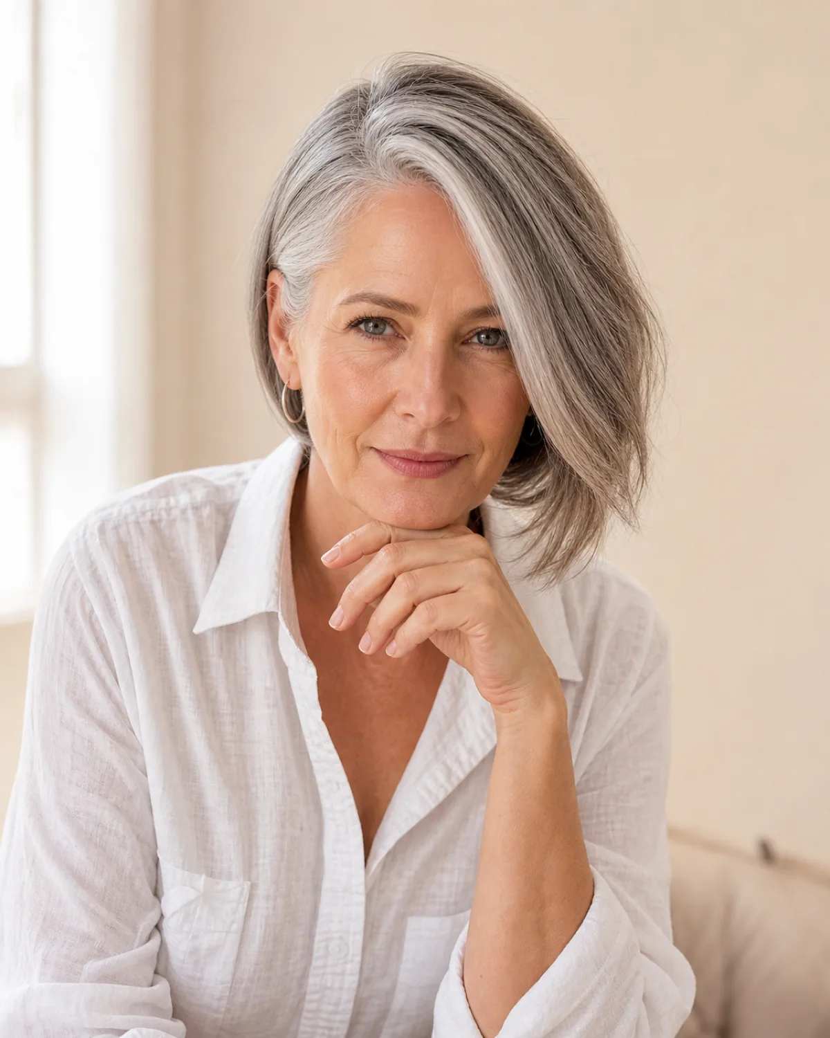 A woman in her late 50s with fine warm-grey hair in a layered bob with a deep side part, seated in soft window light, volume displaced heavily to one side with the deep part clearly visible