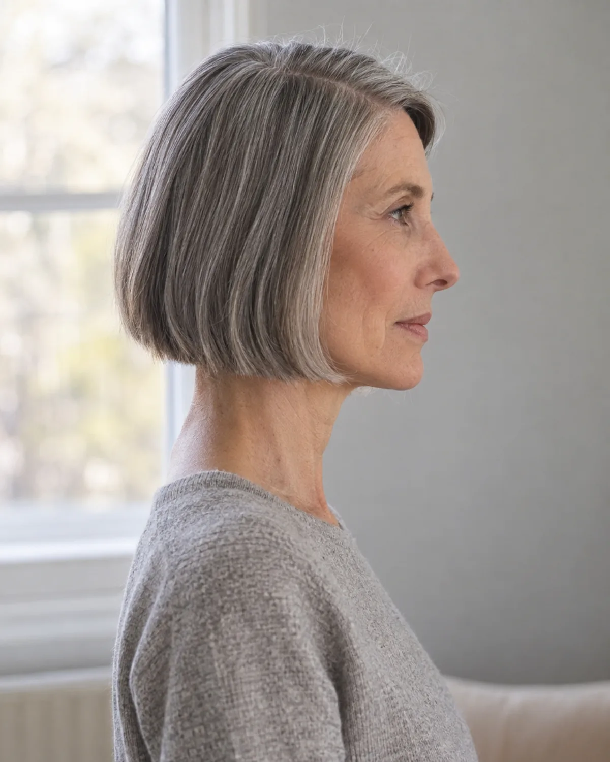 Profile view of a mature woman with silver-grey hair in a blunt chin-length bob showing the clean horizontal hem at the jawline