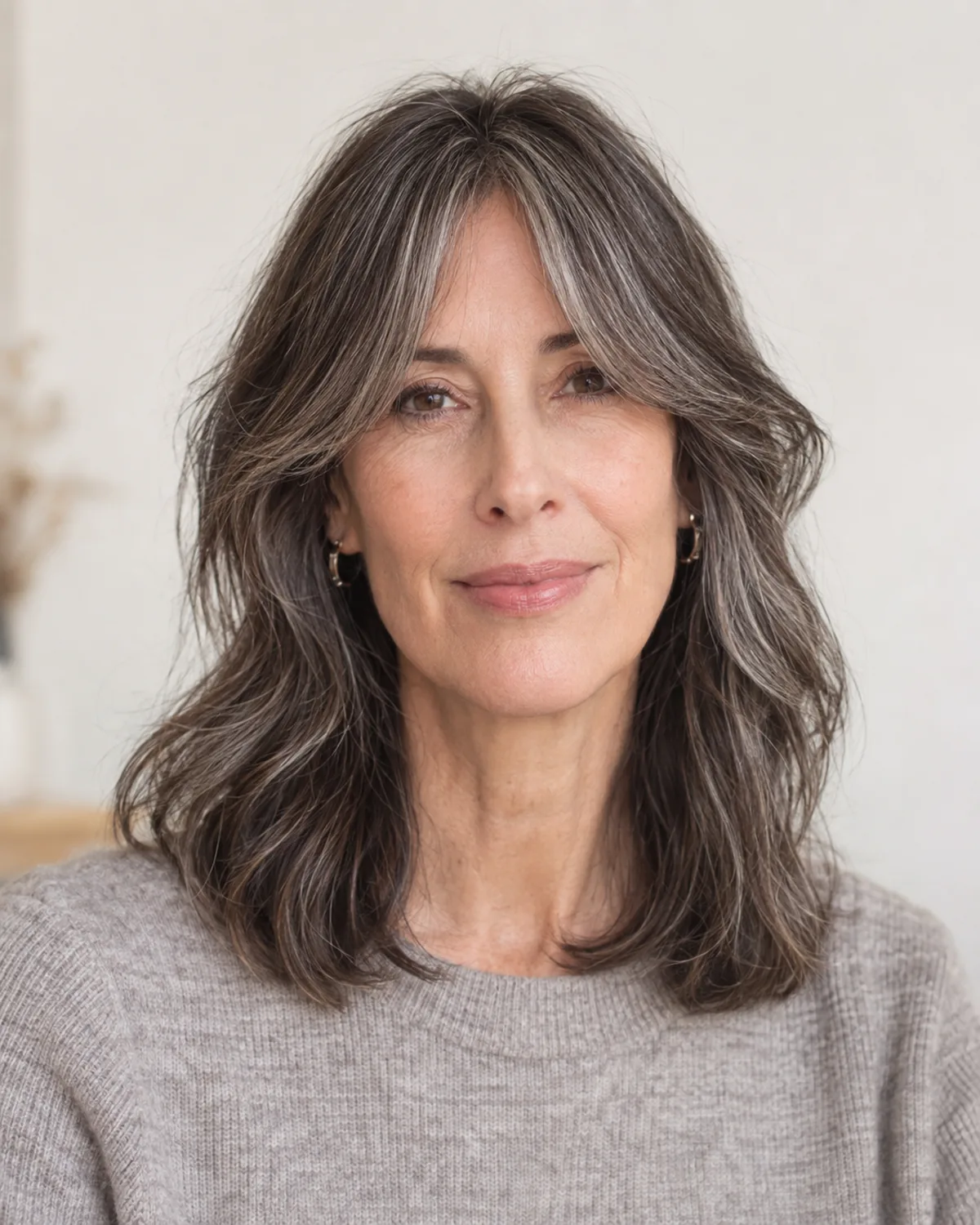 Front view of a mature woman with grey-streaked dark hair and centre-parted curtain bangs that frame the forehead and fall to cheekbone level