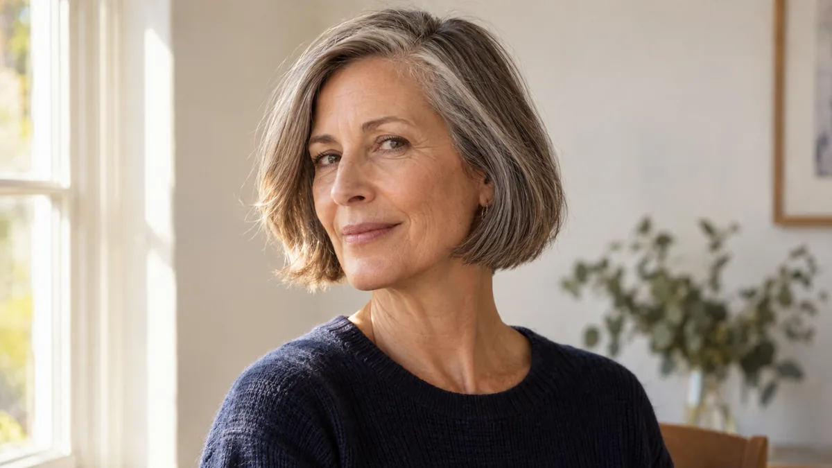 Mature woman with silver-streaked dark hair in a chin-length bob with a side part, three-quarter turn in warm window light against a neutral background