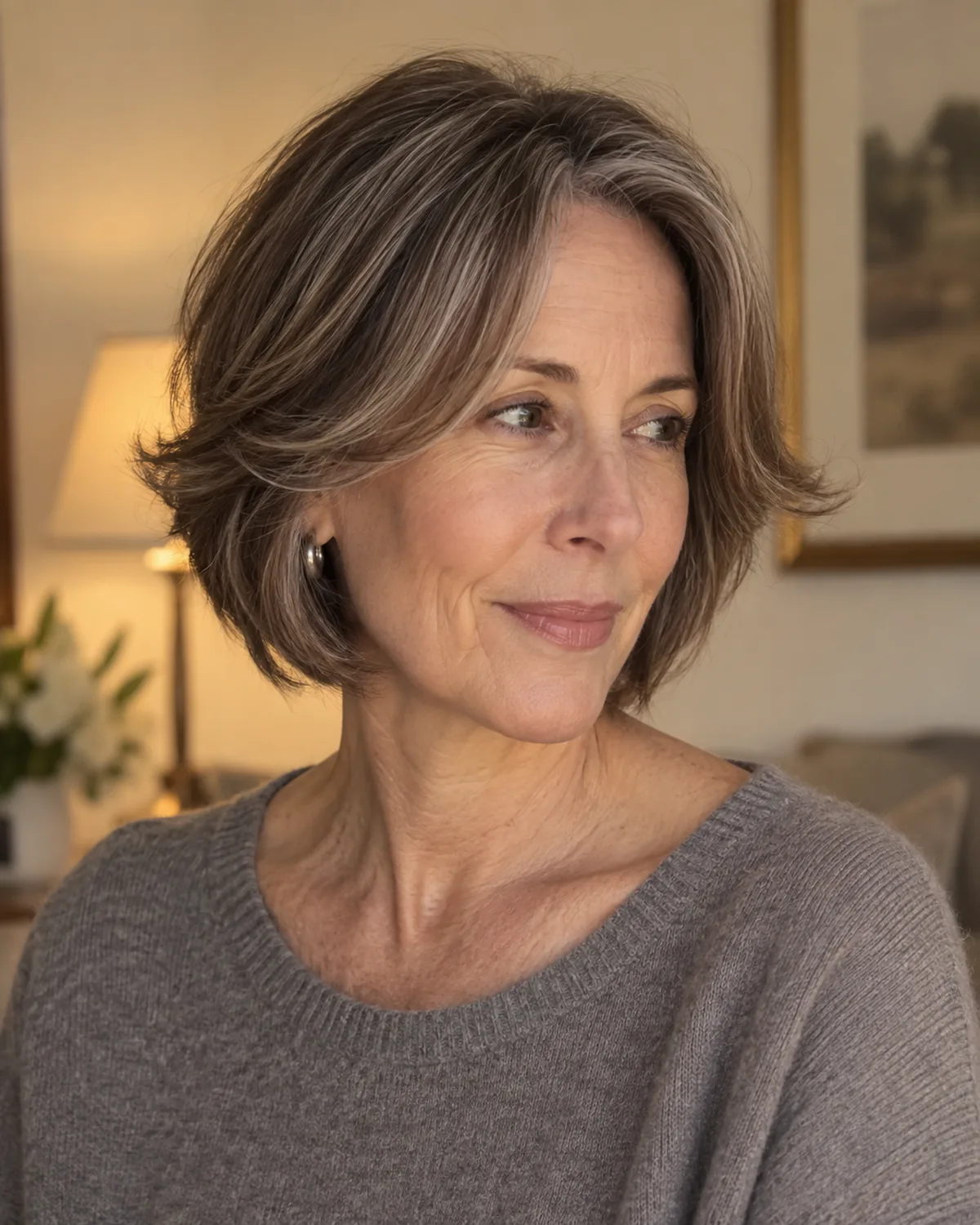 Three-quarter view of a mature woman with dark brown and silver-streaked hair in a layered bob that kicks outward at cheekbone height