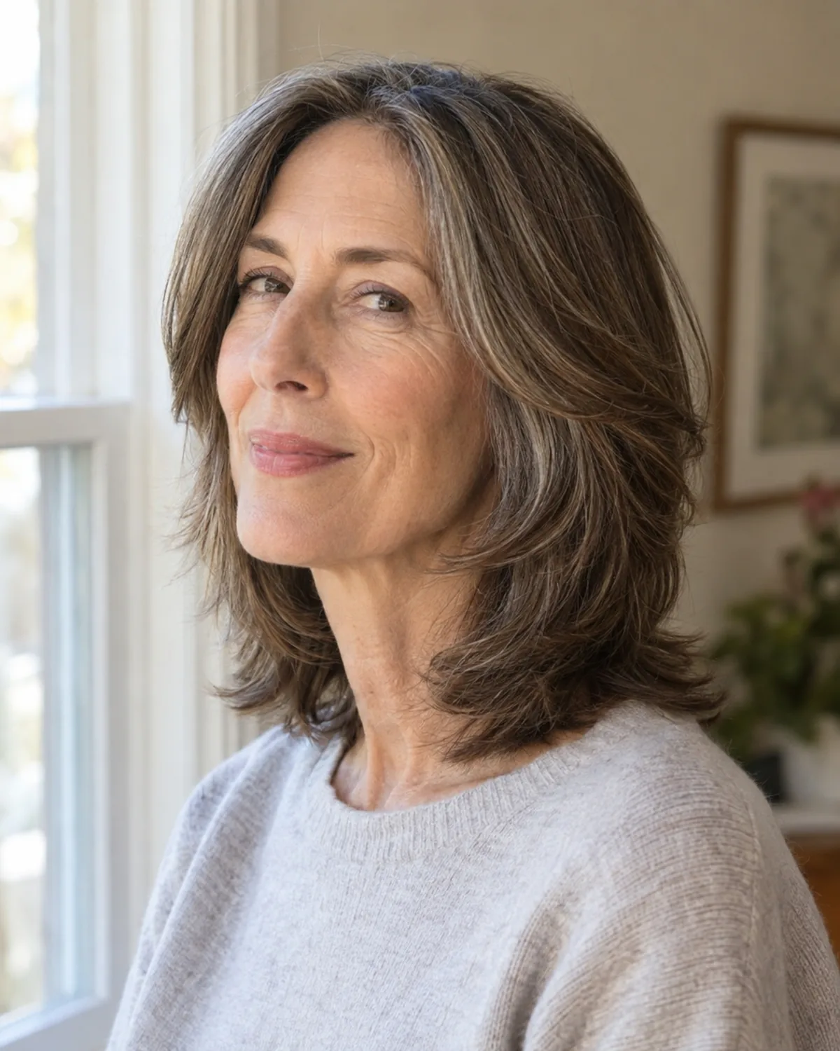 Three-quarter view from slightly above of a mature woman with brown and grey-streaked hair in a shoulder-length layered cut with shorter face-framing pieces at the cheek and jaw