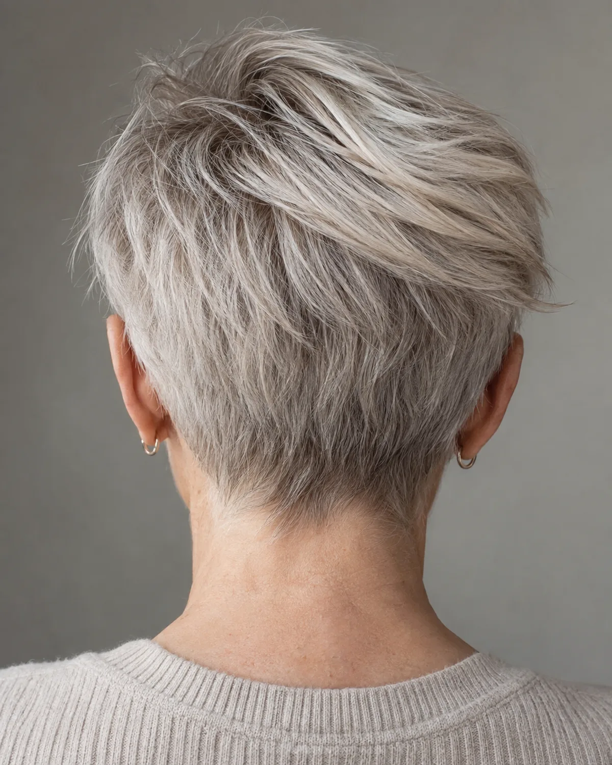 Back view of a mature woman with platinum-silver hair in a pixie cut showing the tapered nape and the side-swept longer top section at the crown