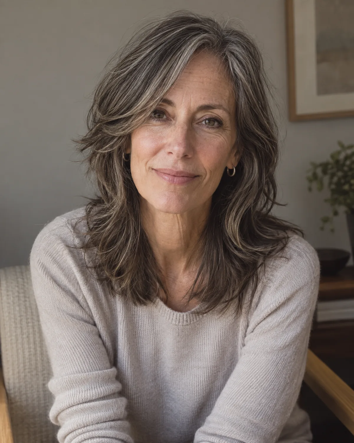 Mature woman with grey-streaked hair in a shoulder-length shag, shot from slightly above while seated, showing layers at cheekbone, jaw and shoulder