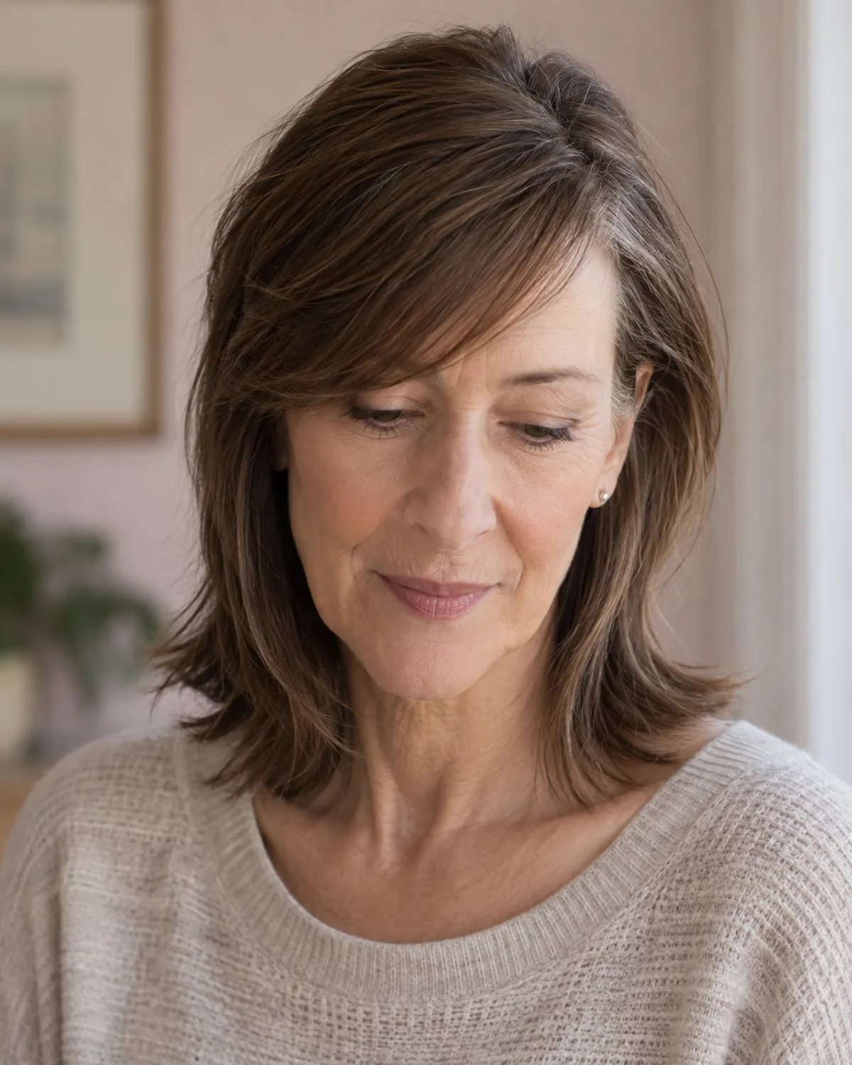 Front view of a mature woman with warm brown hair and side-swept bangs crossing diagonally across the forehead, eyes looking downward