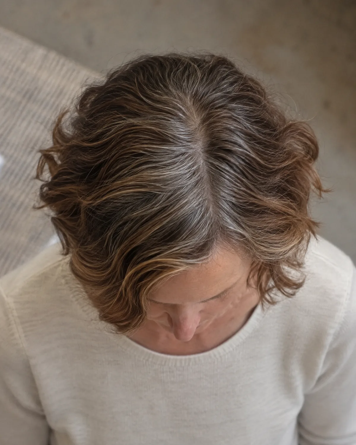Top-down view of a mature woman with brown and silver-streaked hair in a wavy ear-to-chin-length bob showing the wave volume pushing outward at cheekbone height