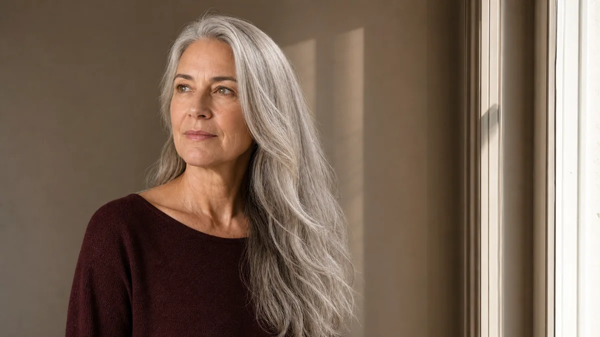 A woman in her late 50s with long silver-grey hair past her shoulders, turned three-quarters to camera left beside a window in warm afternoon light, wearing a burgundy knit top against a taupe wall