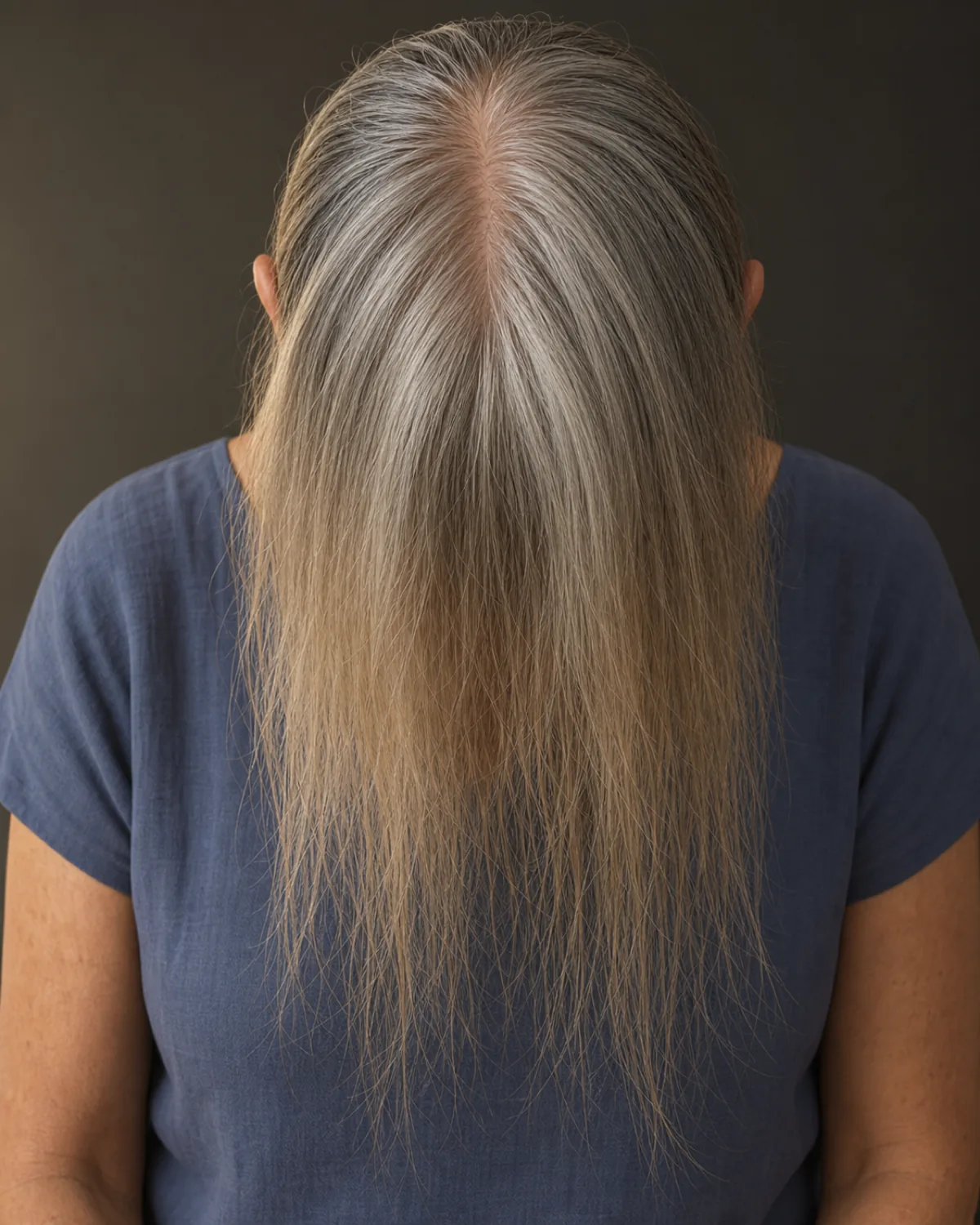 Head tilted forward with crown toward camera, face not in frame, showing long grey hair where the last four inches are visibly sparse and see-through against a dark charcoal background, contrasting with the denser root and mid-length area, wearing a slate blue top