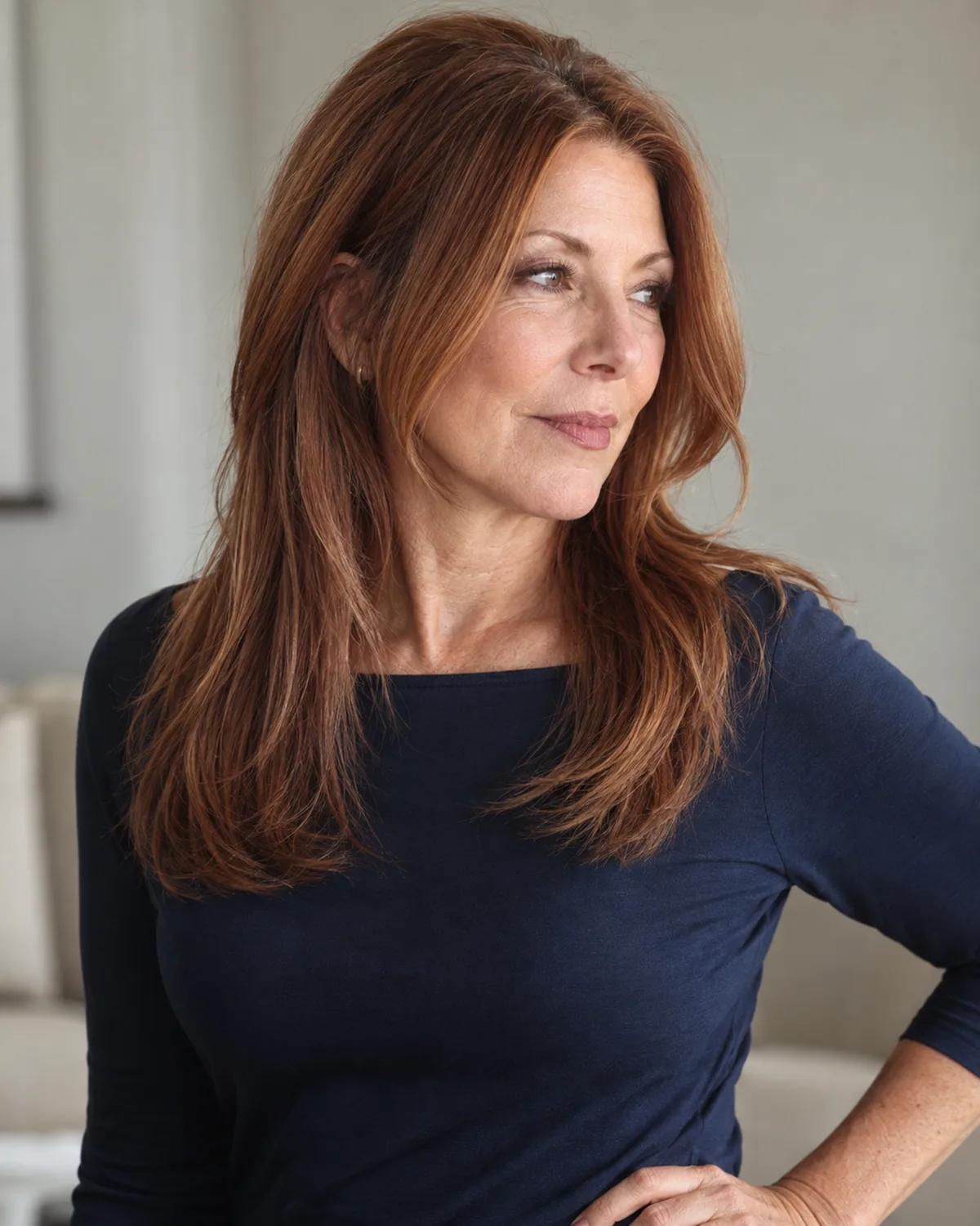 Mature woman in three-quarter turn with long auburn hair showing two face-framing pieces from cheekbone to jaw, navy boatneck top