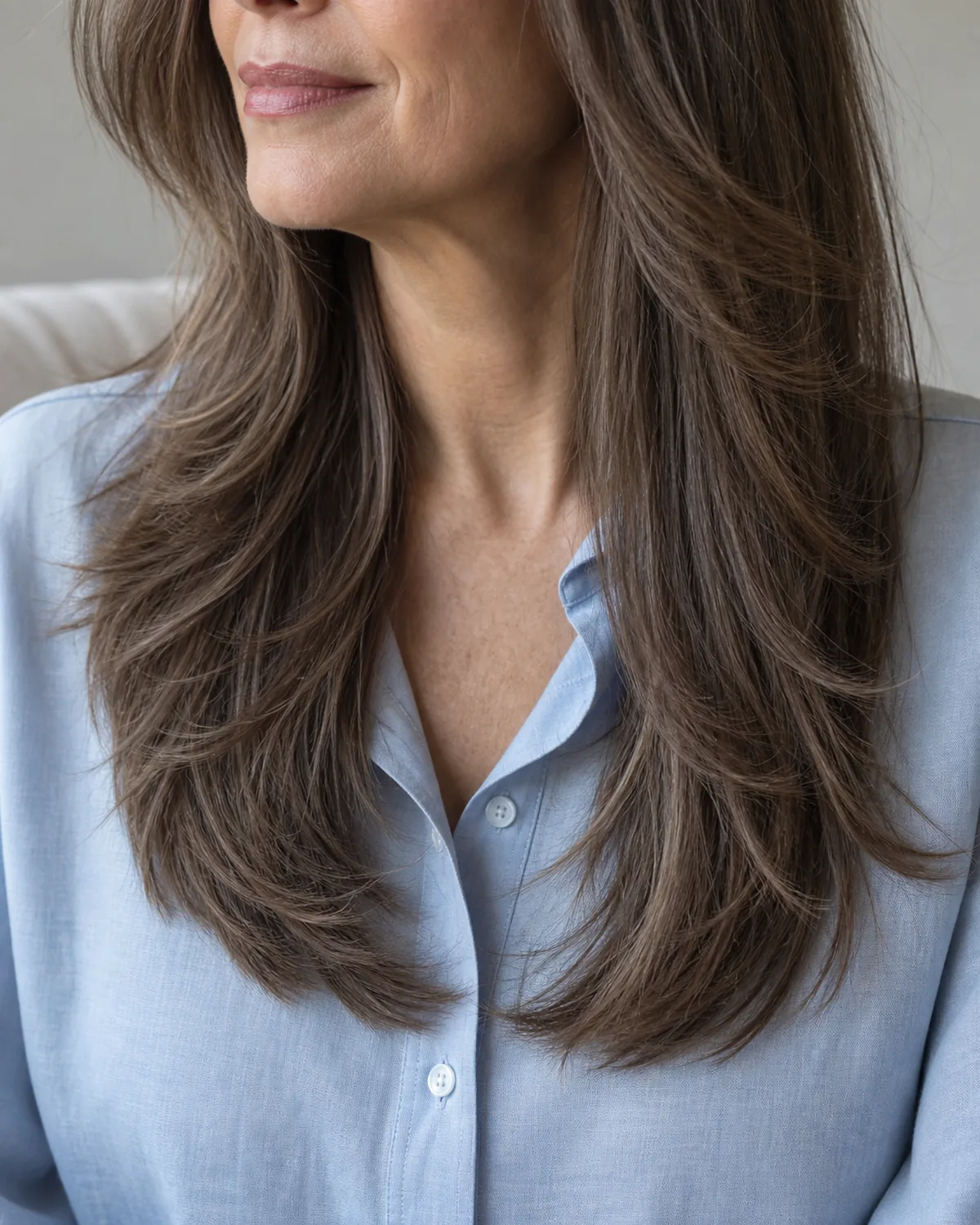 Close crop on mid-shoulder to tips showing ash-brown layered long hair falling over a pale-blue cotton shirt, layer graduation visible in the ends