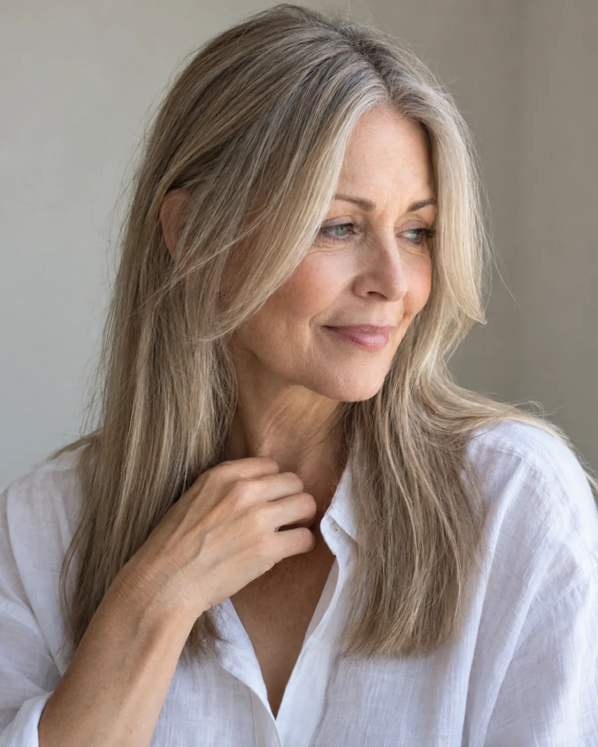 Three-quarter view of mature woman with long fine hair and two curtain-framing pieces at cheekbone length flanking the face, white cotton shirt, soft directional light
