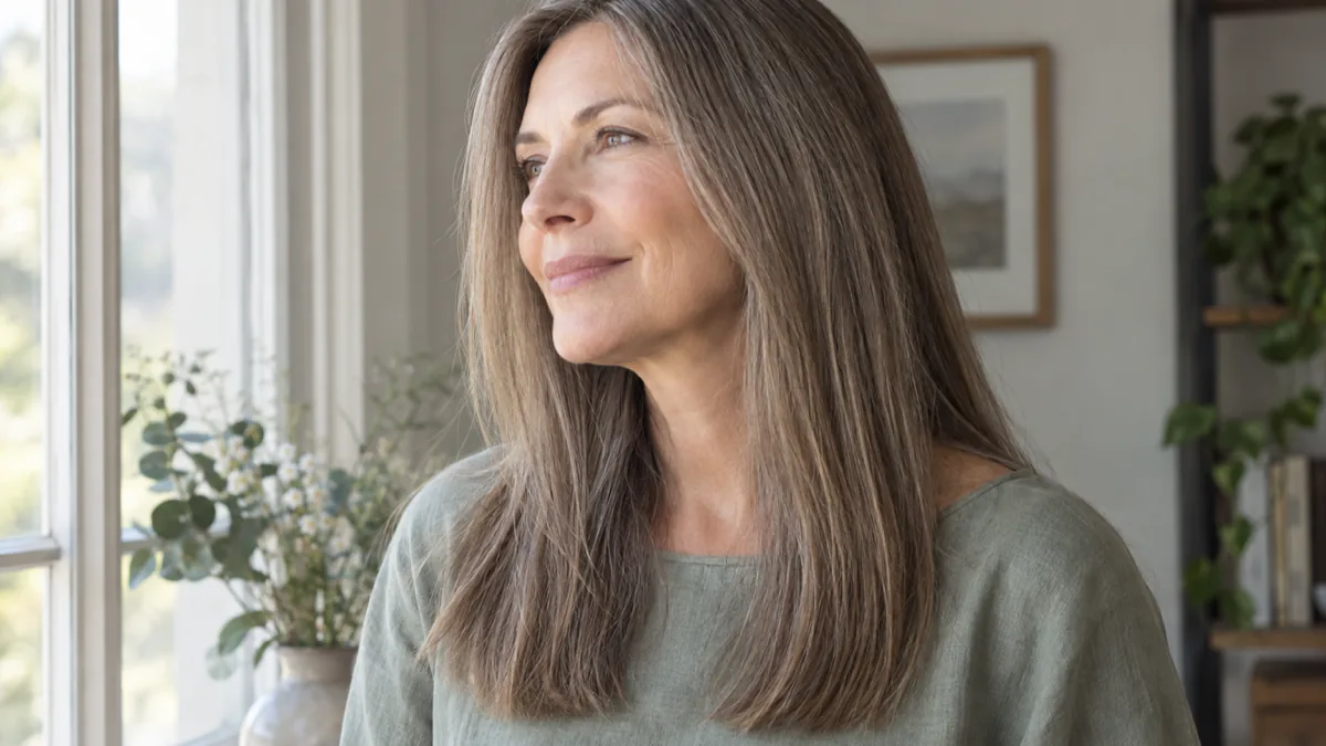 Mature woman with fine straight hair at chest length in a three-quarter turn, sage linen top, soft window light showing individual fine strands and a blunt perimeter