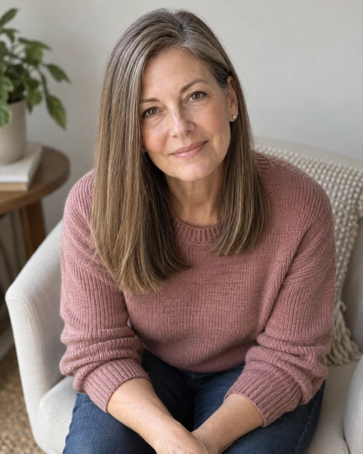 Seated mature woman with fine hair in a long bob at shoulder level, blunt perimeter visible, dusty rose knit sweater, shot from slightly above with hair falling forward