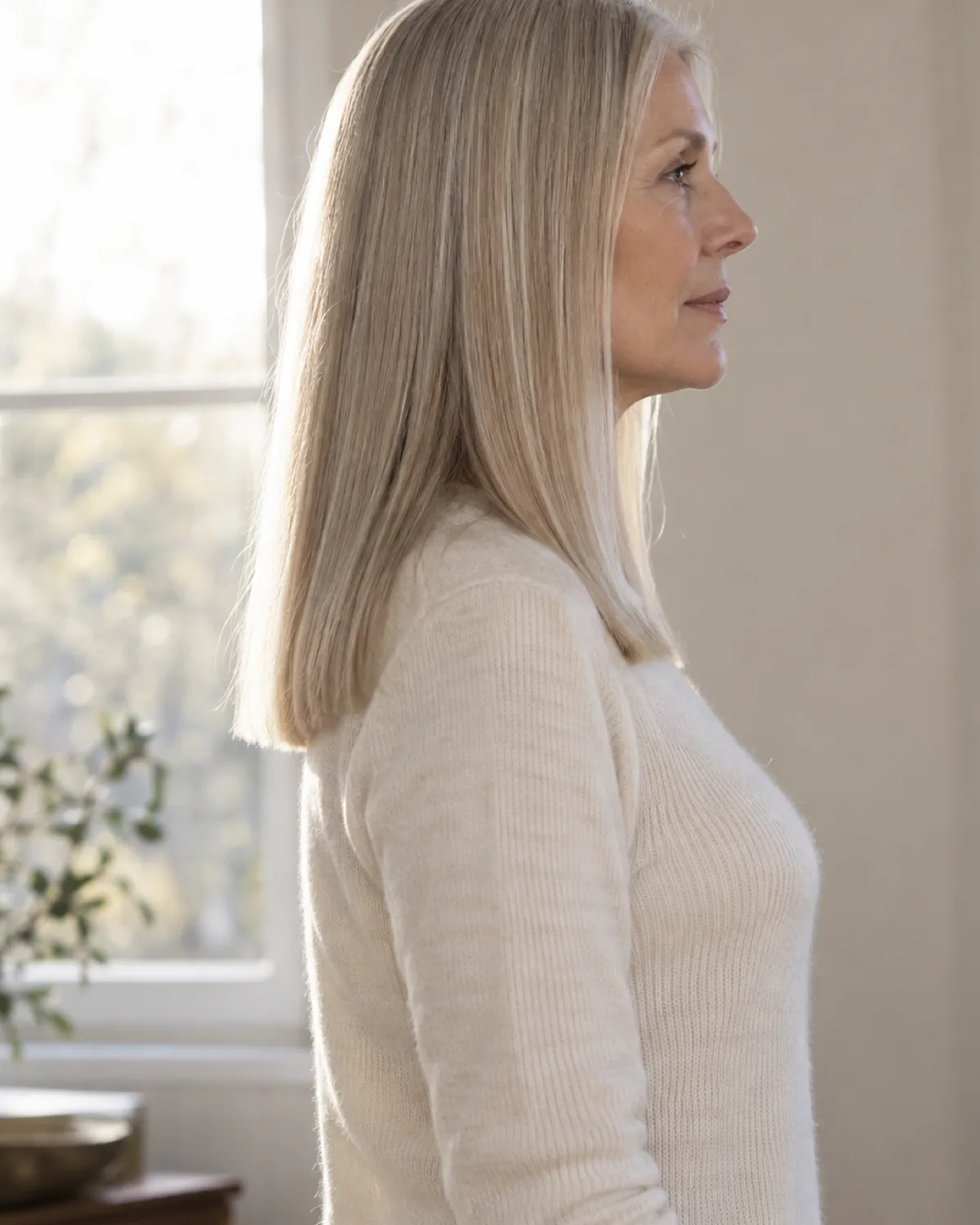 Profile view of mature woman with fine straight hair in a blunt one-length cut at the collarbone, clean horizontal perimeter line visible against backlight, cream knit top