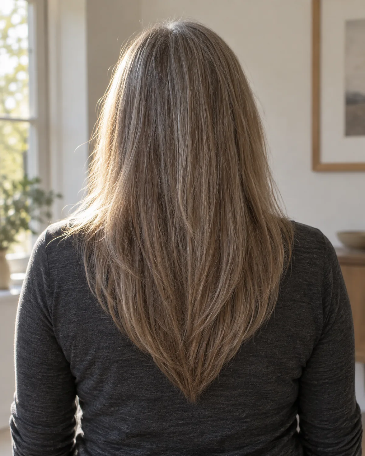 Rear view of mature woman with fine long hair cut in a soft V-shape at the back, centre hair reaching mid-back while sides come up higher, charcoal top, individual strands visible at ends