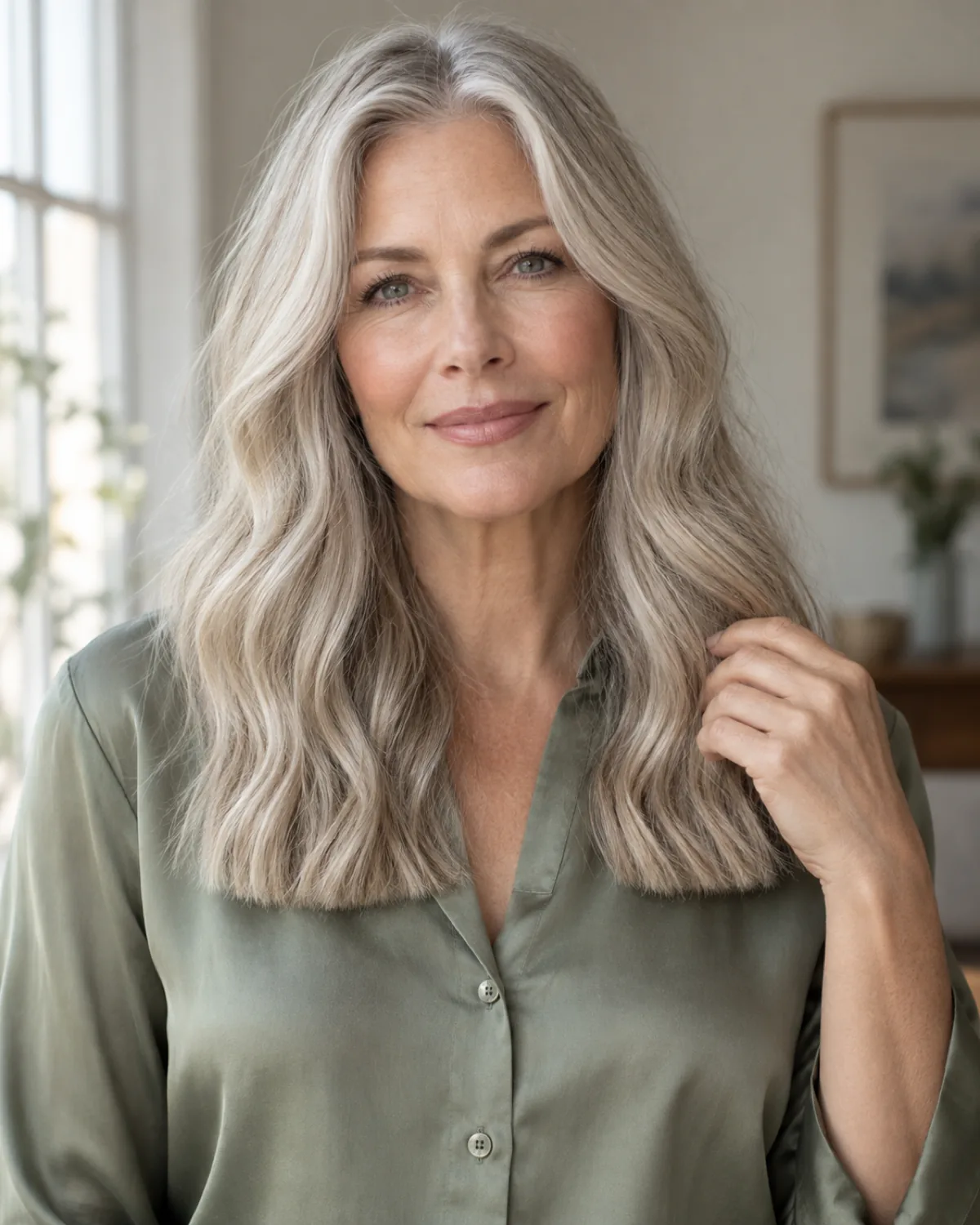 Front-facing mature woman with long fine hair in loose waves and a blunt hemline, ash blonde with silver blending, sage green silk blouse, soft window light catching wave pattern
