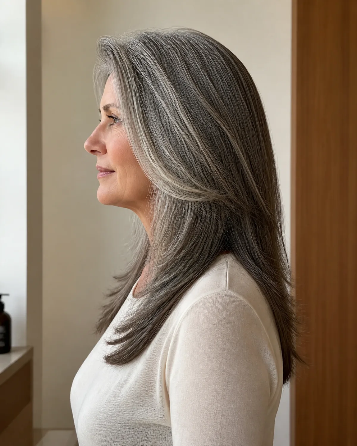 Full profile of a mature woman with thick salt-and-pepper hair at chest length, evenly stepped layers visible in the silhouette from jaw through to the ends