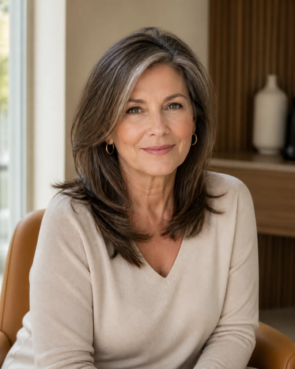 Seated mature woman with thick grey-threaded brunette hair at collarbone length, layered from chin to collarbone, photographed from slightly above in soft natural light