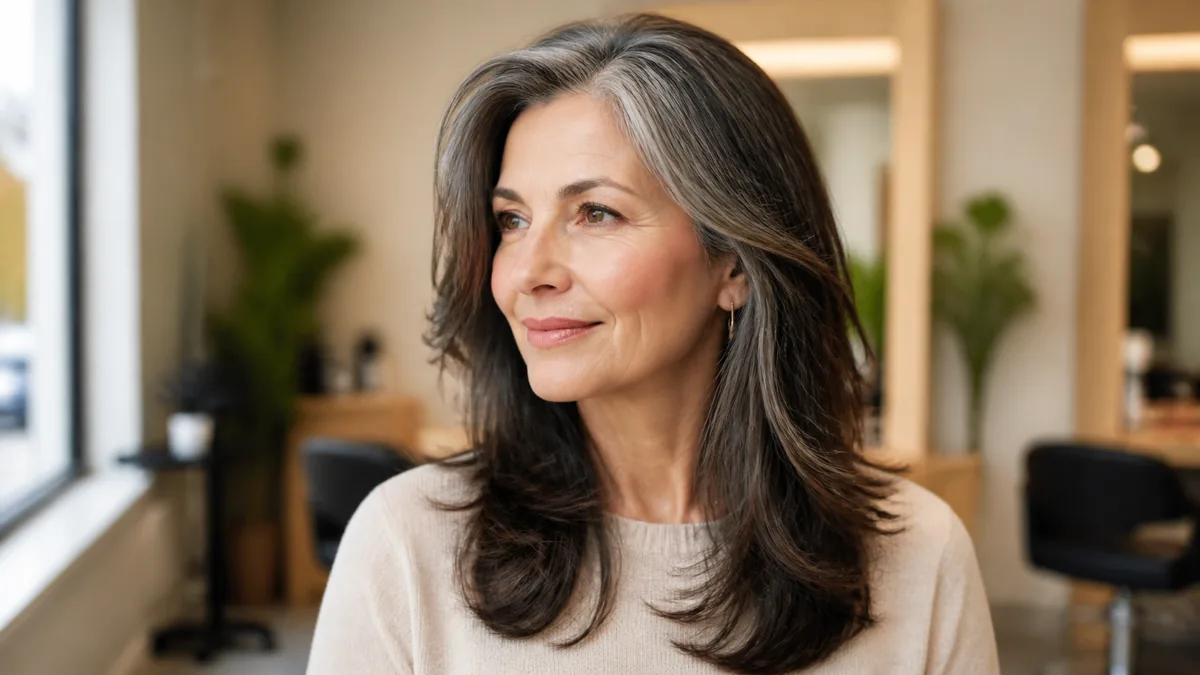 A mature woman with thick dark hair streaked with silver in a three-quarter turn, long visible layers stepping from jaw to collarbone, soft salon lighting
