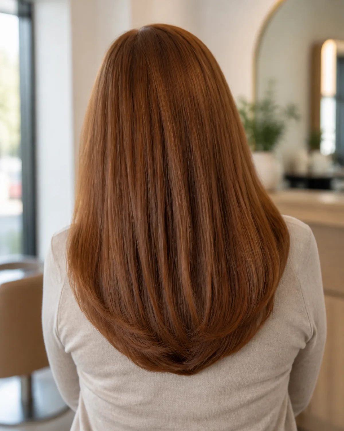 Back view of a woman with thick auburn hair below the shoulder blades, the perimeter forming a clear U-shape with dense full ends and minimal visible layering