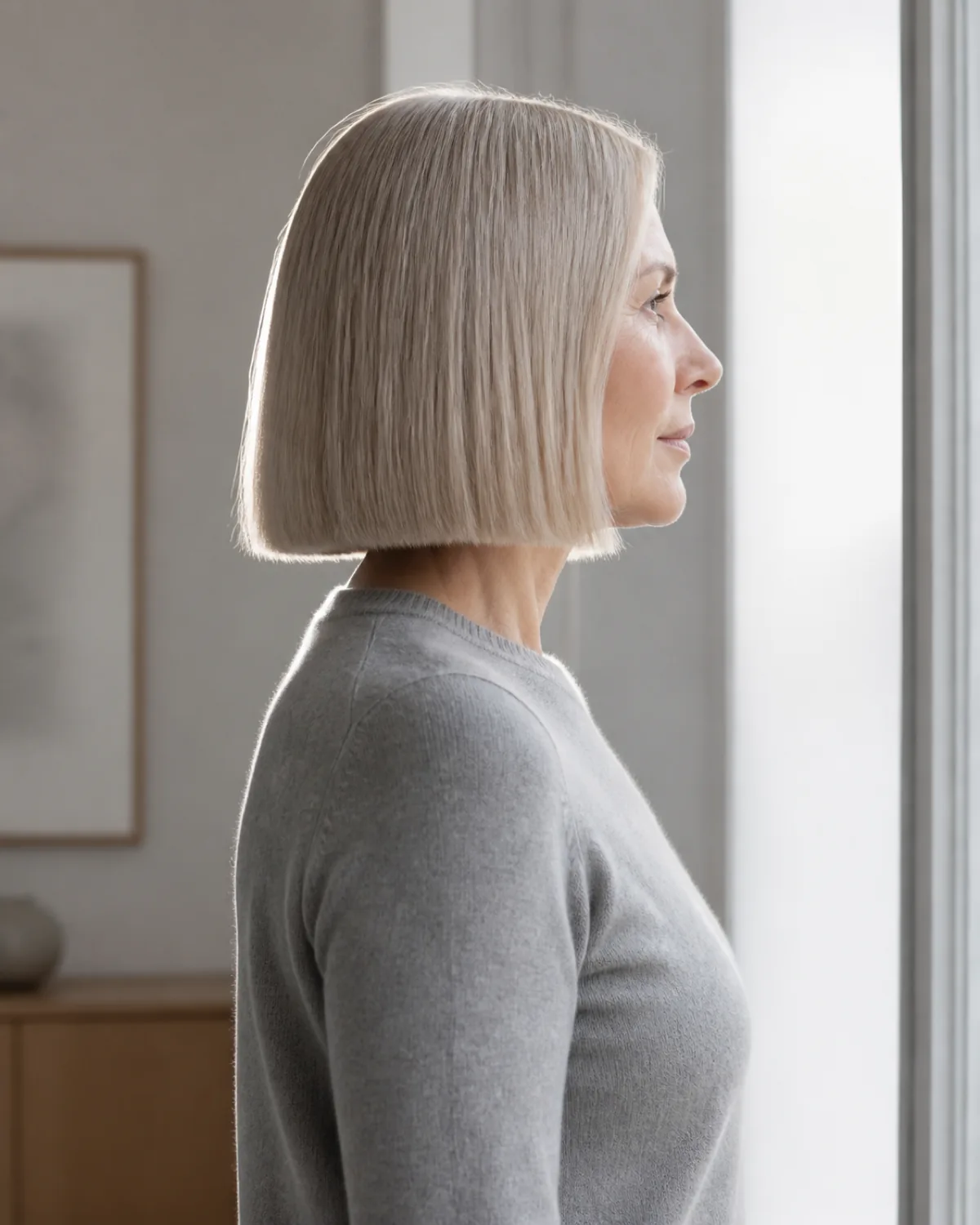 A side profile of a mature woman with fine ash-blonde hair in a blunt chin-length bob, the single-length cutting line crisp at jaw level with window light backlighting individual strands