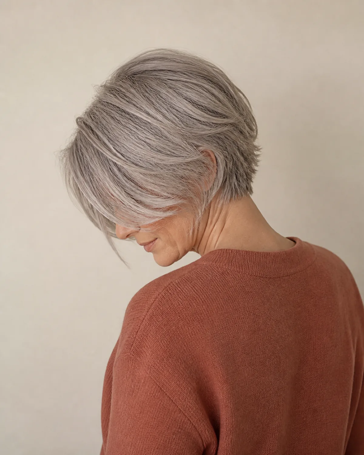 A mature woman with fine pewter-grey hair in a long pixie with a side-swept fringe and textured back, viewed from behind at a three-quarter angle while looking down, the textured nape layers visible against a pale mushroom-toned wall in soft even studio light