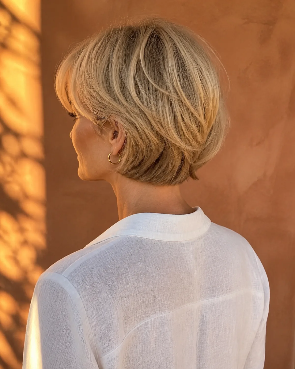 A mature woman with fine champagne-blonde hair in a layered pixie bob (bixie) between earlobe and jaw length, viewed from behind at a slight angle with head turned to reveal the jawline against a warm terracotta wall in late golden light
