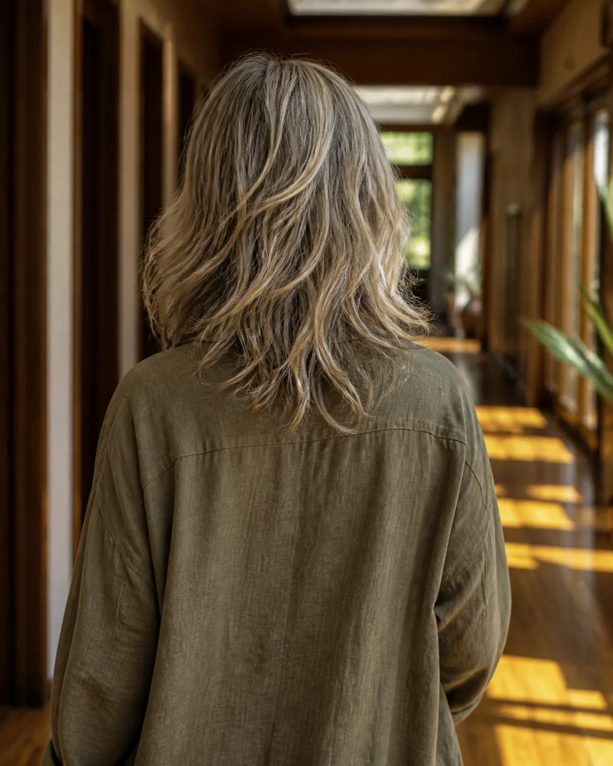A mature woman with fine sandy-grey wavy hair in a soft shag with disconnected layers, walking away down a sunlit corridor with warm wooden floors, the shorter pieces falling separately from the longer ones in gentle motion
