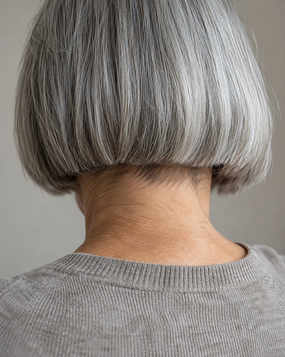 Close crop of the nape and hairline of a mature woman with a clean jaw-length gray blunt bob, sharp hemline, dove-gray sweater