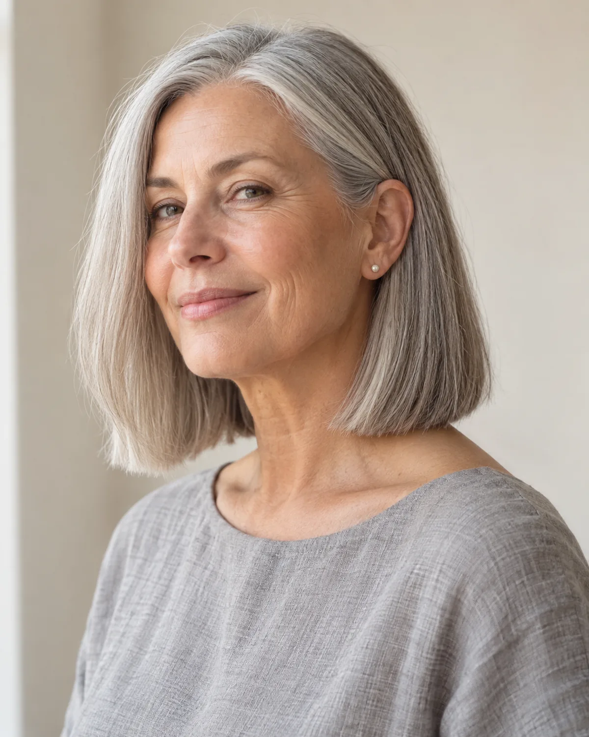 Mature woman in three-quarter view with silver collarbone-length lob, blunt ends wrapping cleanly from front to side, dove-gray linen top