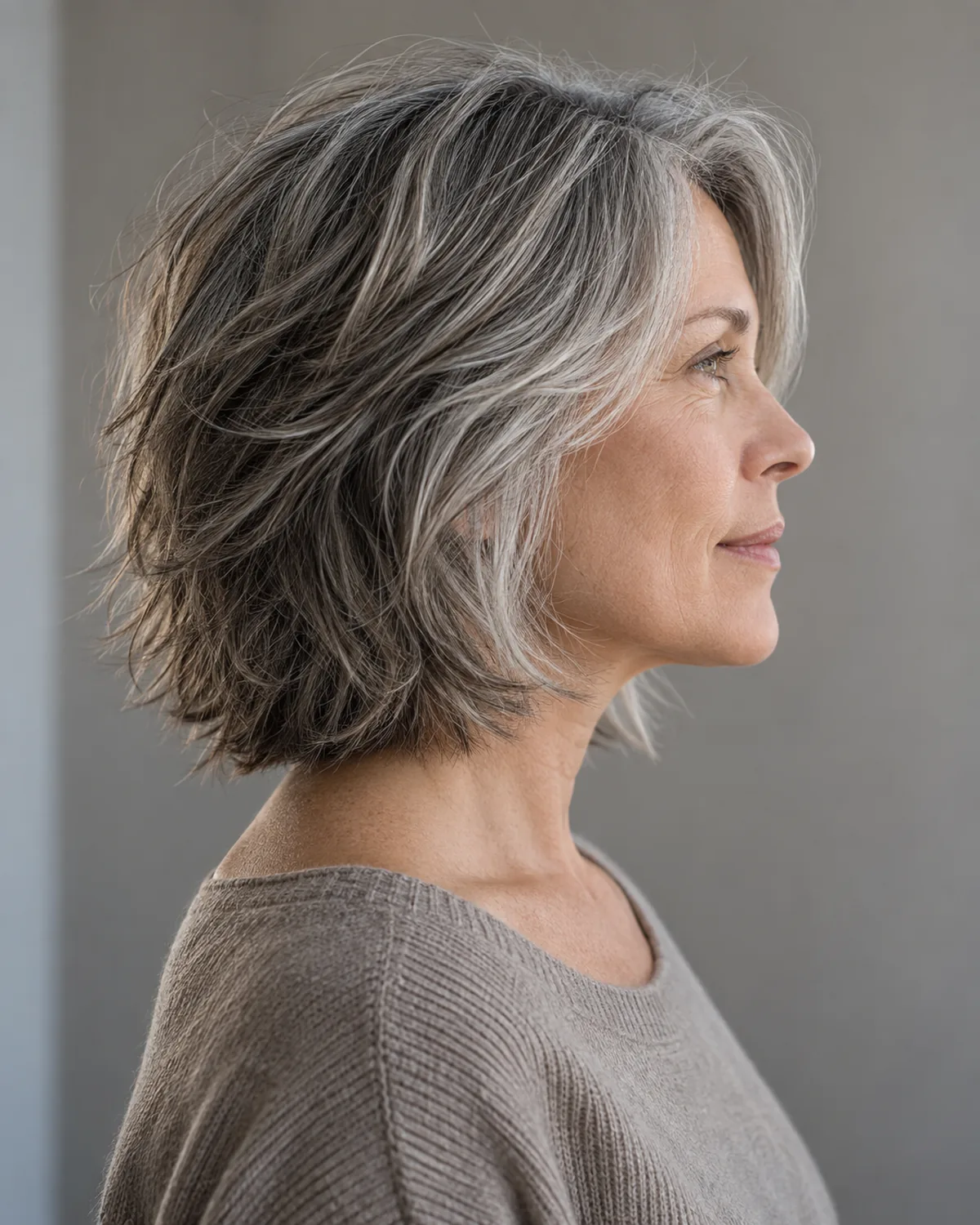 Mature woman in full profile with gray layered shag, visible layers starting at the cheekbone with textured ends, taupe knit top against gray wall