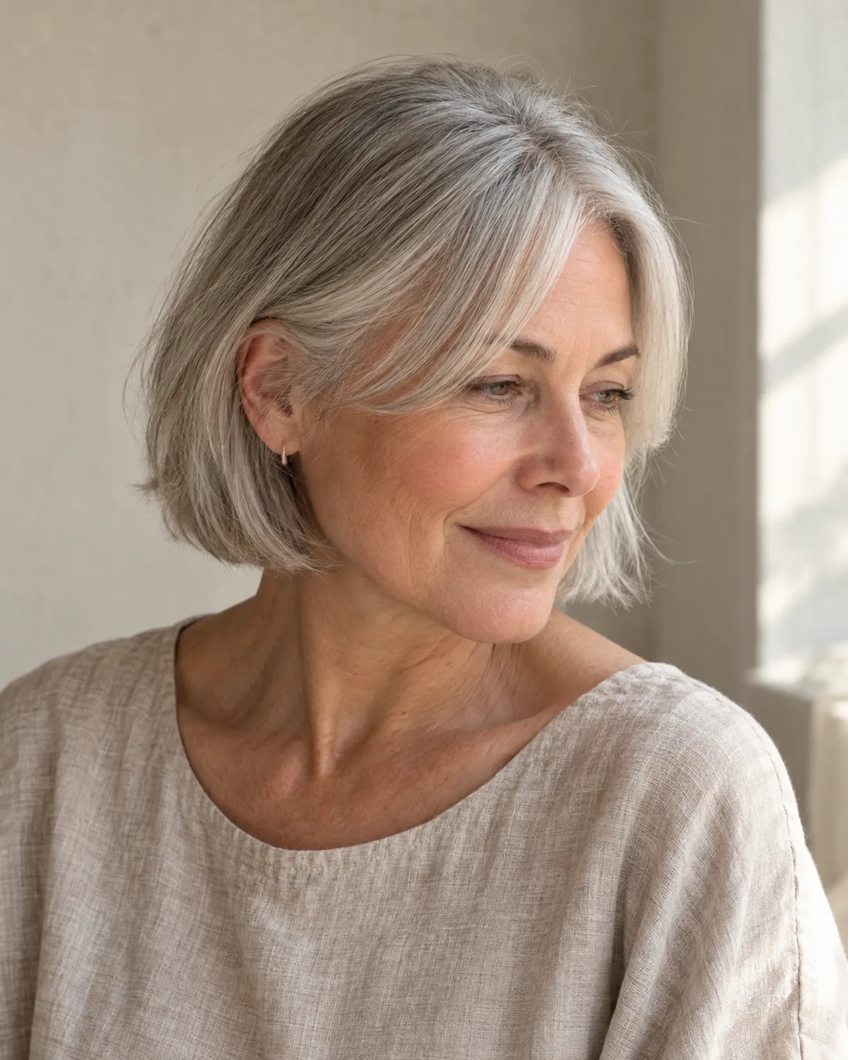 Mature woman in three-quarter view with silver chin-length bob and centre-parted curtain bangs, warm window light, oatmeal linen blouse
