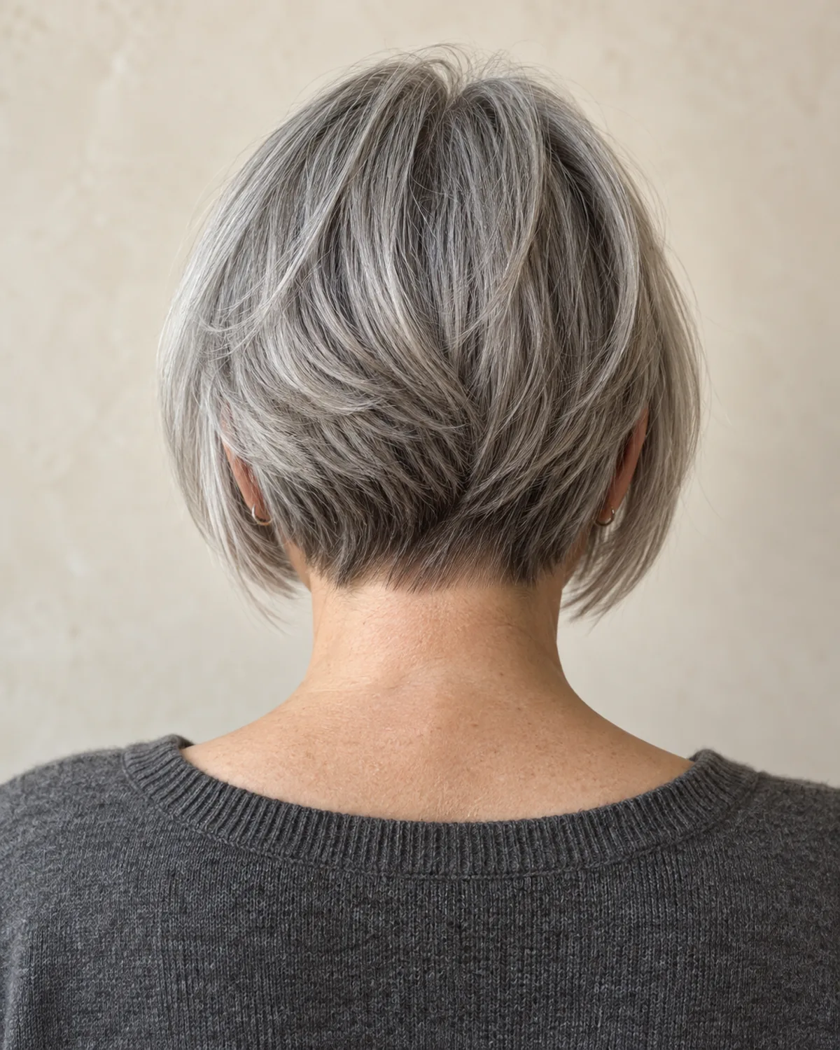 Mature woman shot from directly behind showing gray textured A-line bob with stacked graduation at the nape, shorter back angling to longer front, charcoal knit