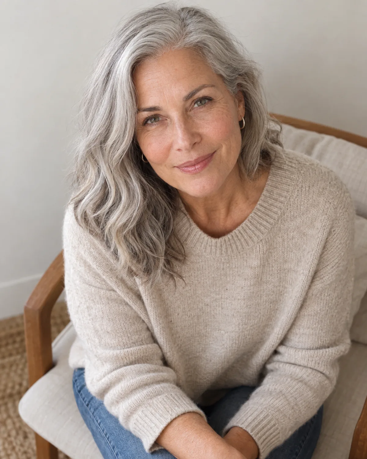 Mature woman seated, shot from above, silver wavy lob falling over one shoulder with natural bends catching the light, oatmeal cashmere knit, wooden chair