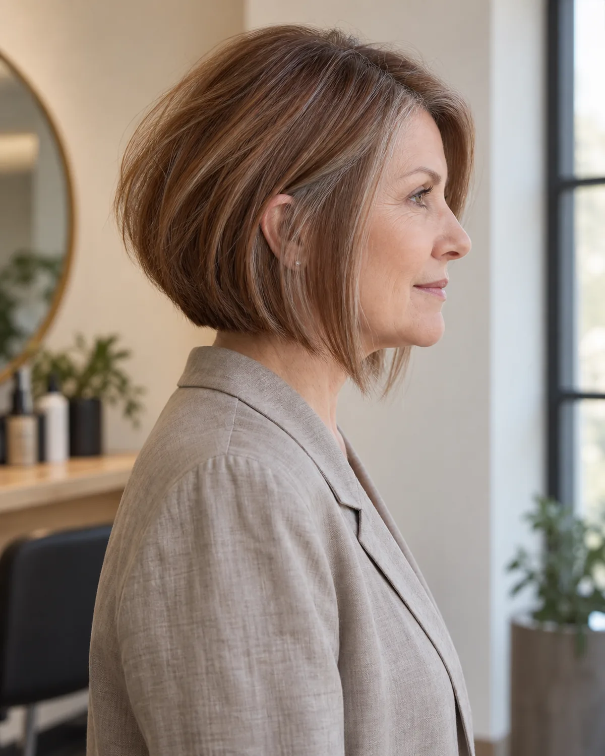 Profile of mature woman with fine auburn hair in a soft wedge shape at shoulder length, back graduation fanning outward, taupe linen jacket