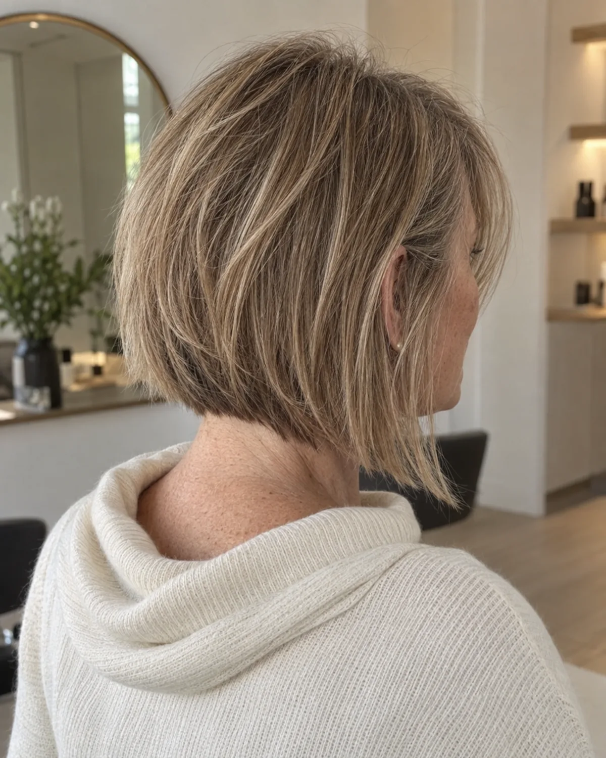 Back three-quarter view of mature woman with fine hair in a textured lob with soft A-line shape, shorter at back, cream cowl neck, nape visible