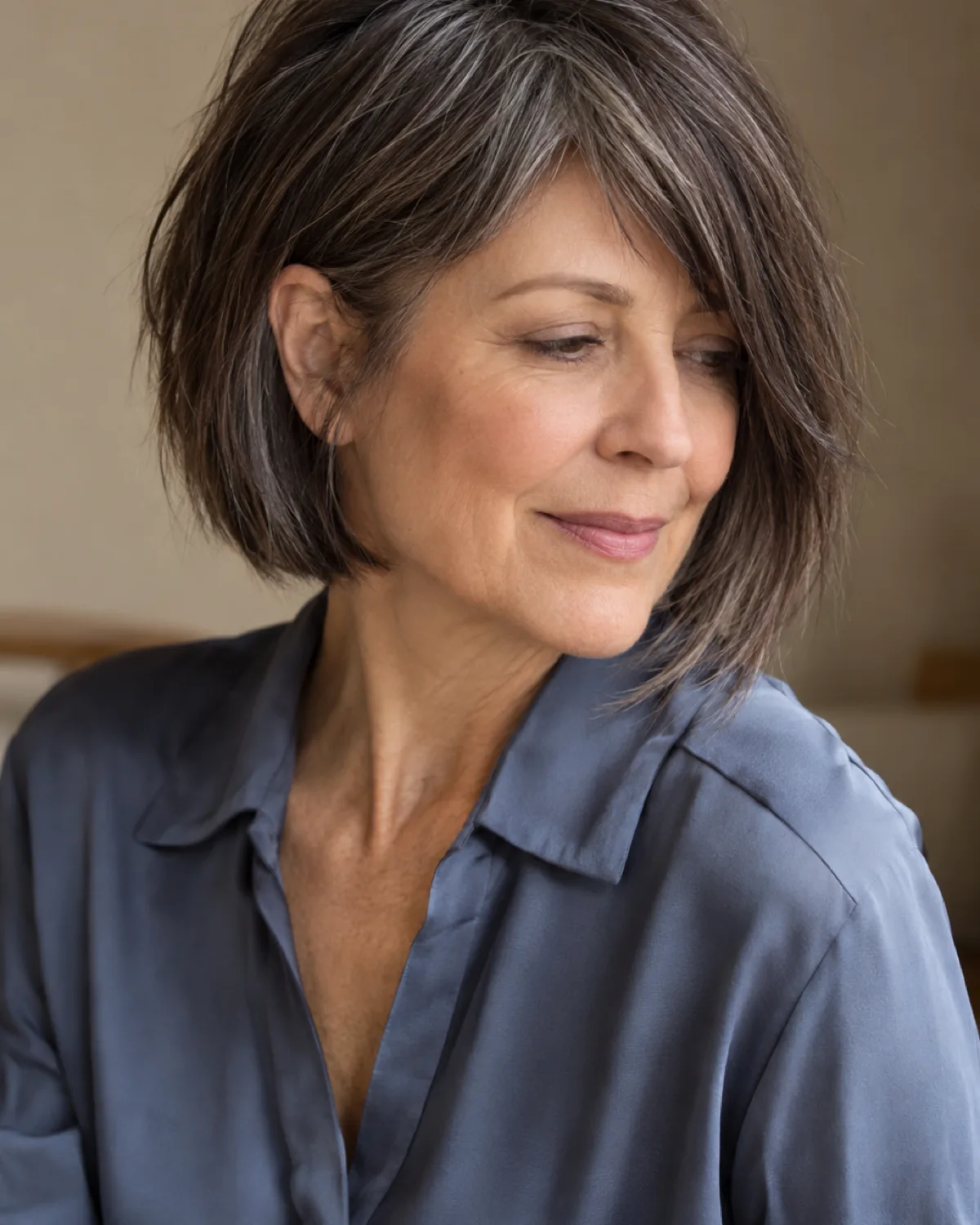 Woman over 50 with cool brown hair and grey streaks, asymmetric bangs longer on one side, wearing a slate blue blouse