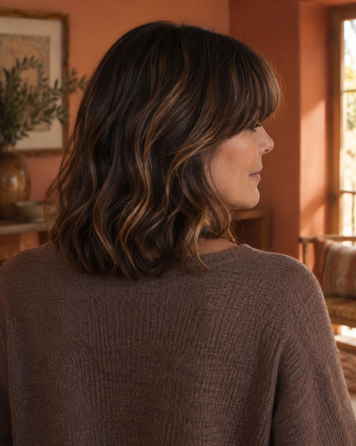 Woman over 50 seen from behind with shoulder-length wavy brunette hair and a full Birkin fringe visible in near-profile