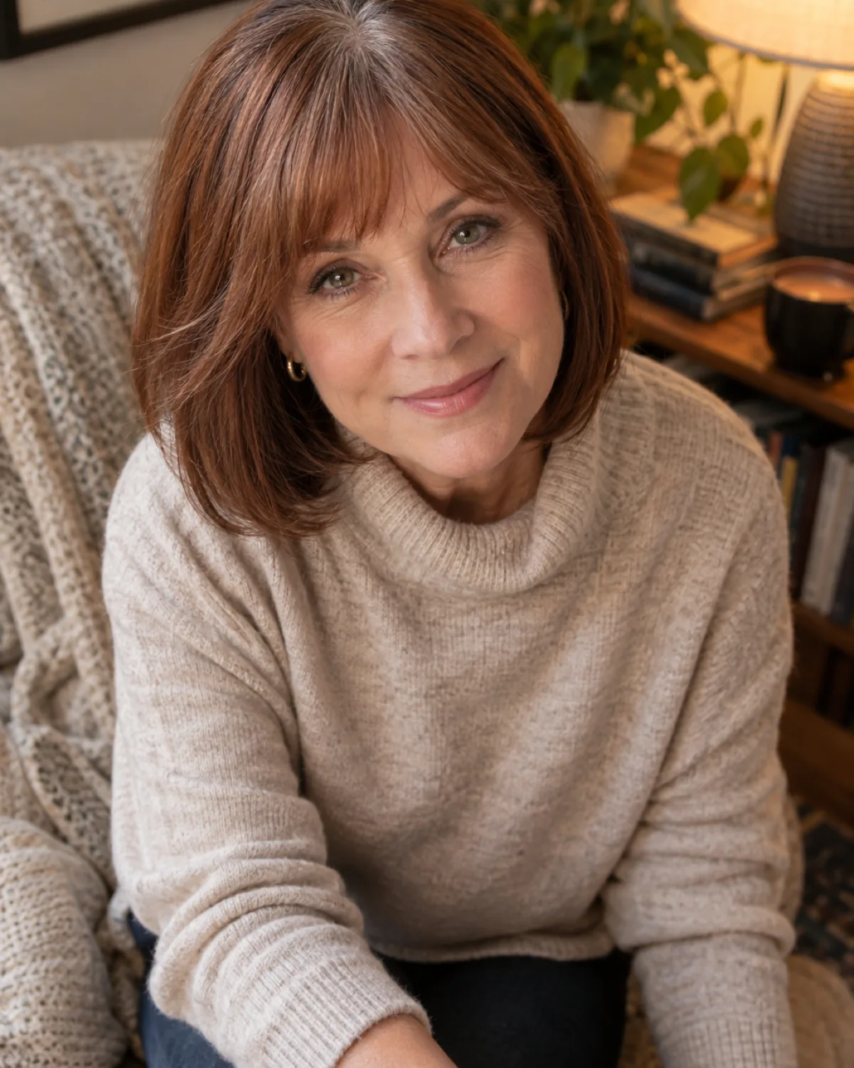 Woman over 50 seated with auburn hair showing bottleneck bangs tapering into face-framing layers
